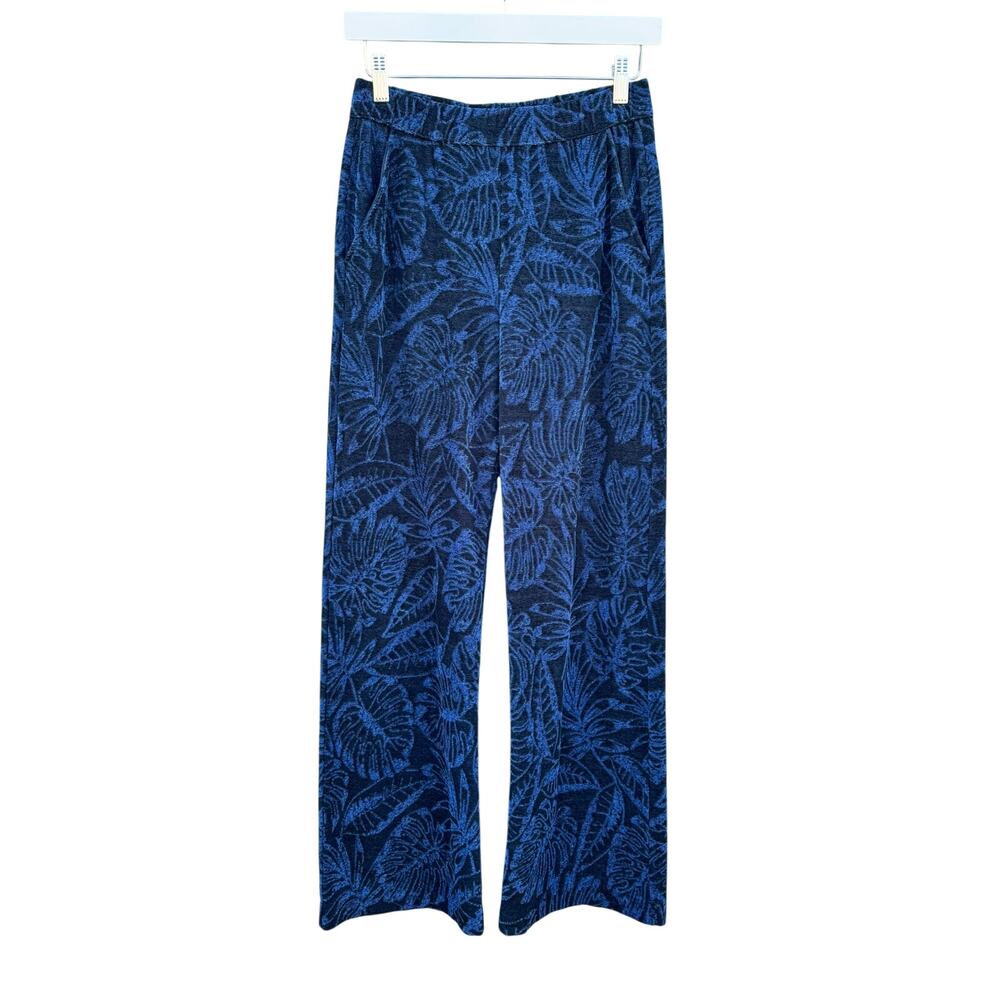 MAJESTIC FILATURES Navy Velour Textured Leaf Print Pull on Pants 1 S Small
